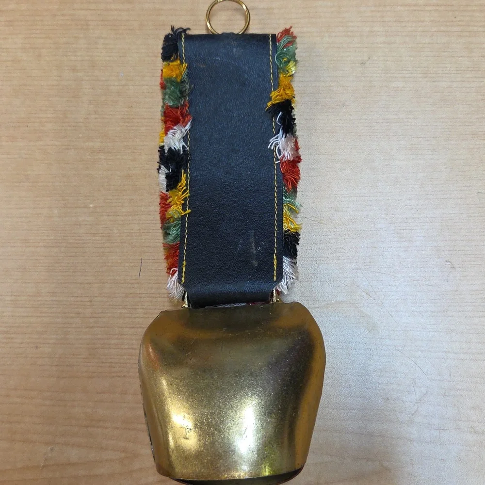 Vintage Swiss Cow Bell W Enamel Shield Emblem Brass‎ Cow Switzerland